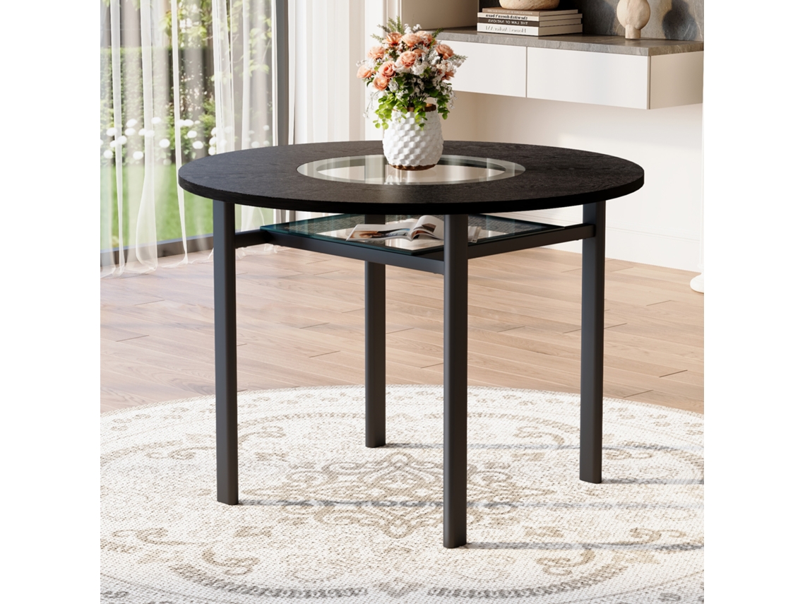 Mesa Redonda Minimalista Ø100cm Tampo Veios Madeira Preta Inserção Vidro Cinza Estrutura Metálica Estável 2-4 Pessoas