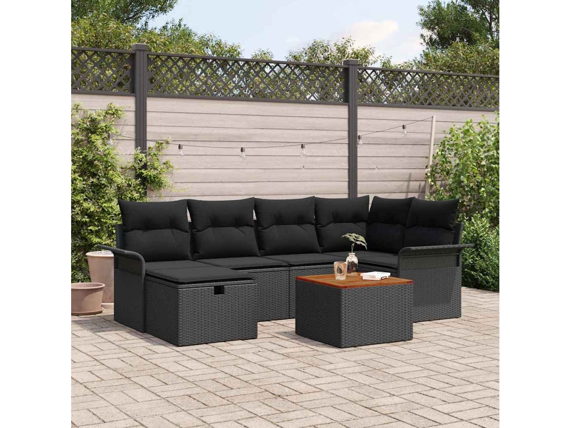 Vidaxl Conjunto De Sofá De Jardim 7 Unid. Preto Vime Pe