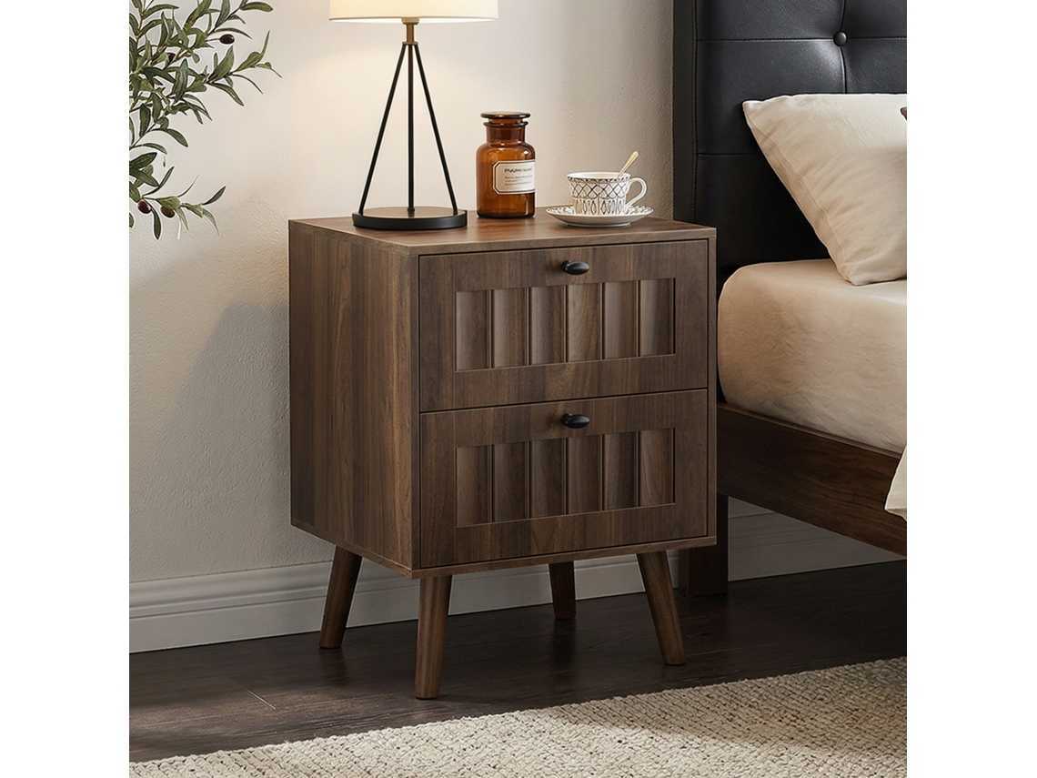 Mesa Cabeceira Nogueira 2 Gavetas Pés Madeira 43x40x57cm VELTRIX