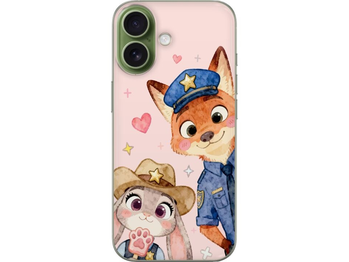 Capa Para Celular Compatível Com Apple Iphone 17 Com Estampa De Raposa Policial E Coelho Policial Em Estilo Aquarela Com Estrelas E Corações.