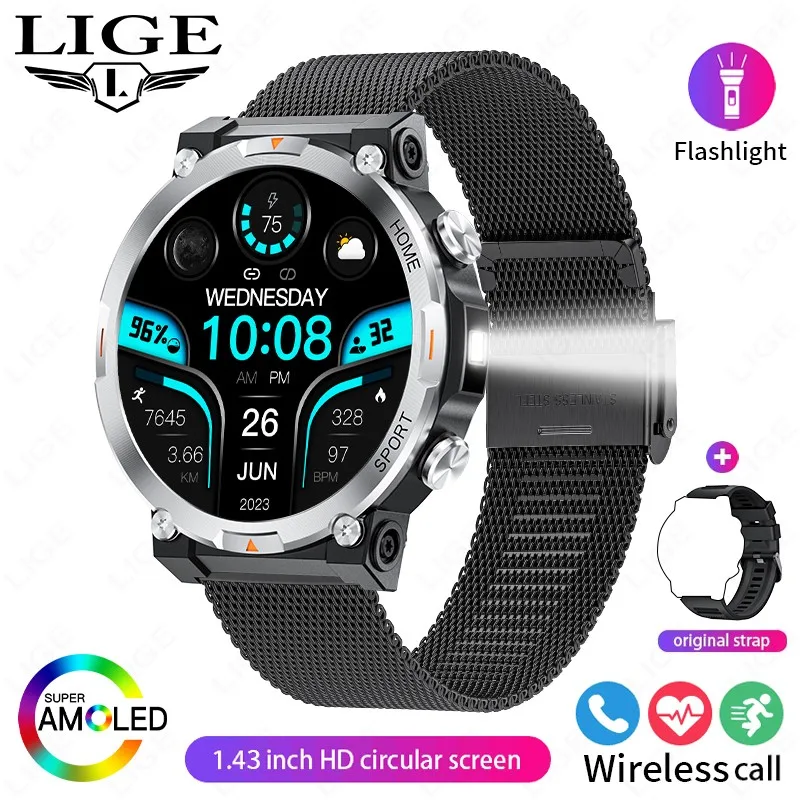 (preto E Prata) Smartwatch Com Tela De 1,43 Polegadas, Monitoramento De Saúde, Lanterna Esportiva E Chamadas Bluetooth.