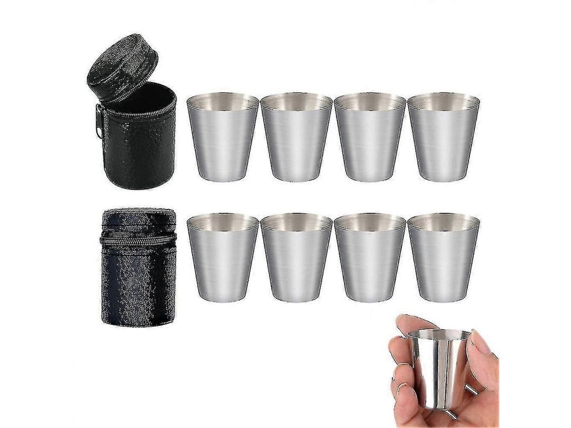 Conjunto De Copo De Inox 8 Unidades 30ml Prata Com 2 Estojos De Couro Portátil Para Viagem Camping Piquenique