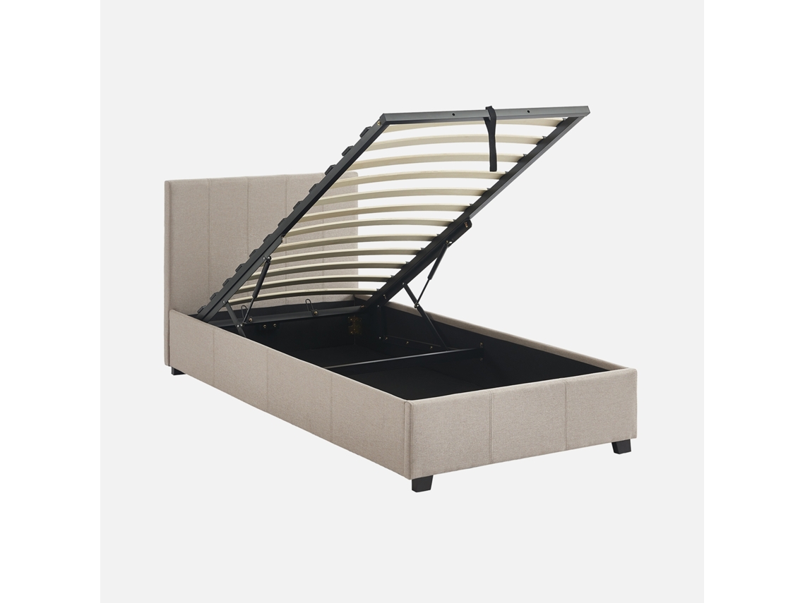 Cama Com Cabeceira Base Ripas Sweeek Tissu Bege (86x97x202)