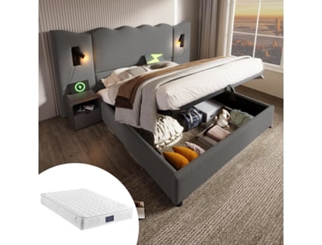 Cama Estofada Cama De Casal 160×200 Com Lâmpada De Leitura E Usb Type-c , Cama De Arrumação, Cinzento, Roupa De Cama Com Colchão