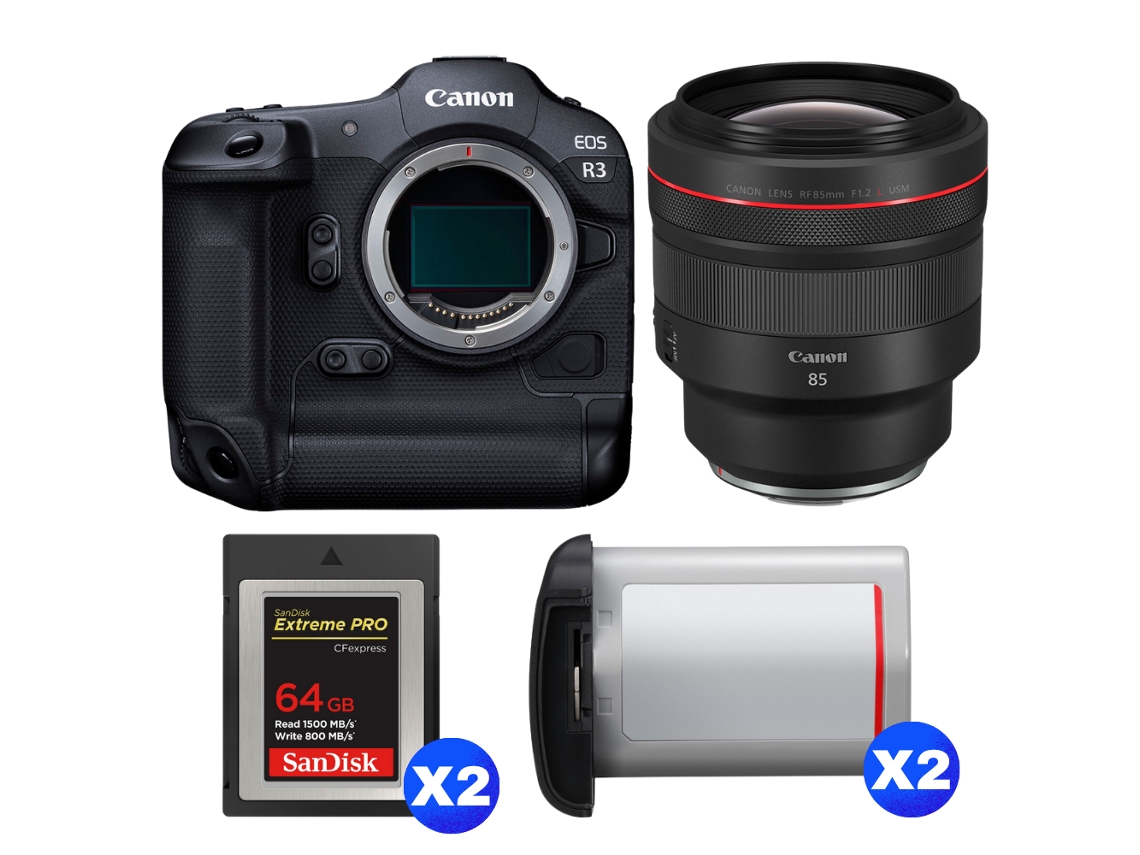 Eos R3 + Rf 85mm F/1.2 L Usm + 2 Sandisk 64gb Extreme Pro Cfexpress Type B + 2 Canon Lp e19 + Ebook “20 Dicas para Fotos Que Impressionam” CANON