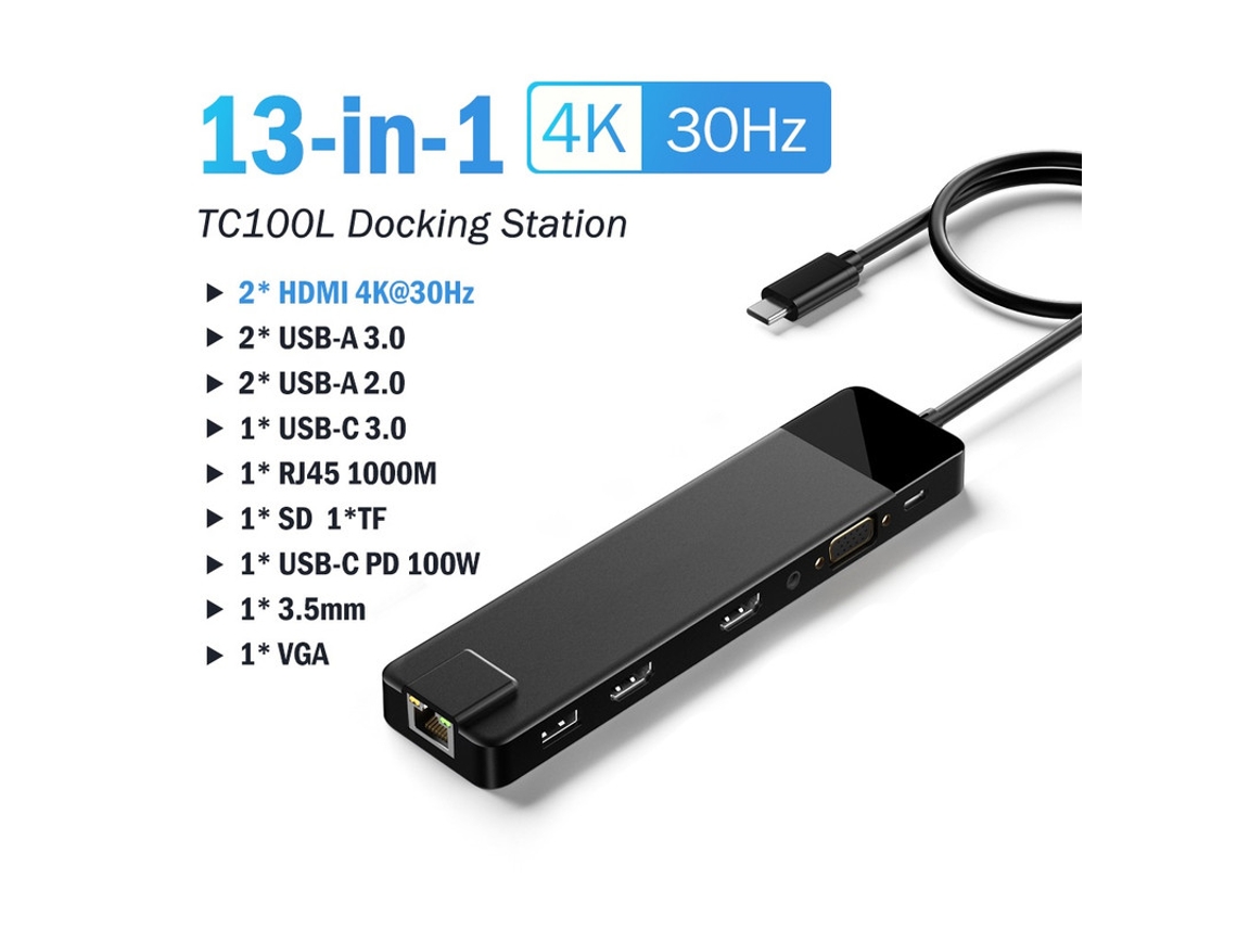 Yizhood Usb C 13 em 1 Gigabit Vga Usb Tipo C Hub 4k30hz Adaptador Usb 3.0 Suporte Hdmi Rj45 Pd100w Preto Docking Station