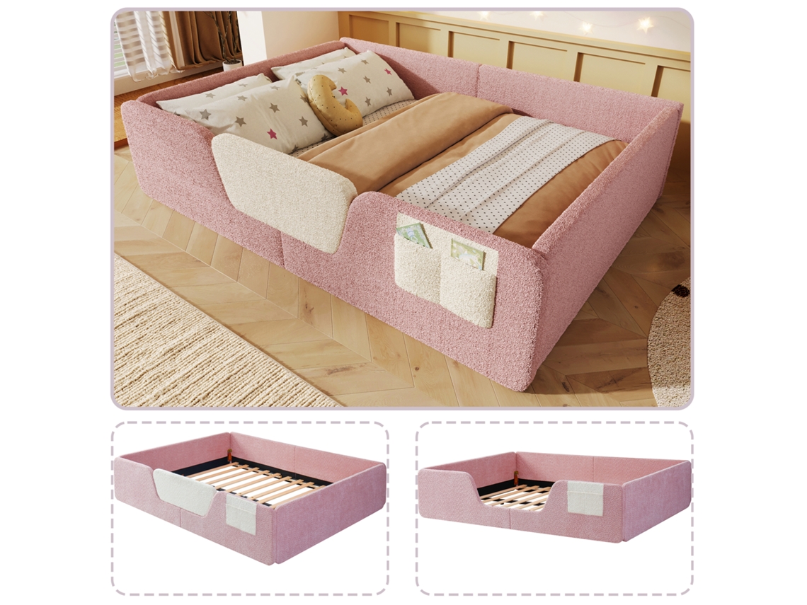 Cama Estofada 140x190 Grade Removível Bolsa Armazenamento Veludo Rosa