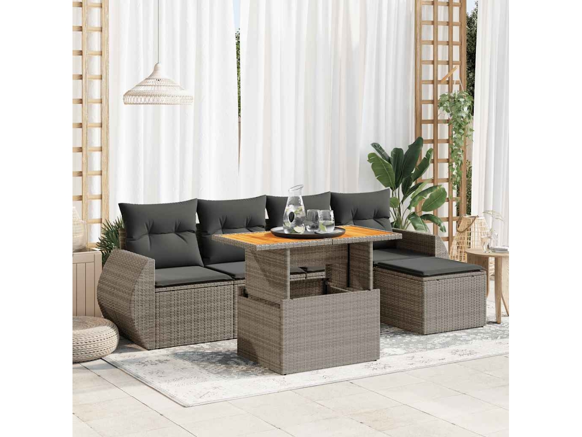Vidaxl 6 Pcs Conjunto Sofás De Jardim Com Almofadões Vime Cinzento