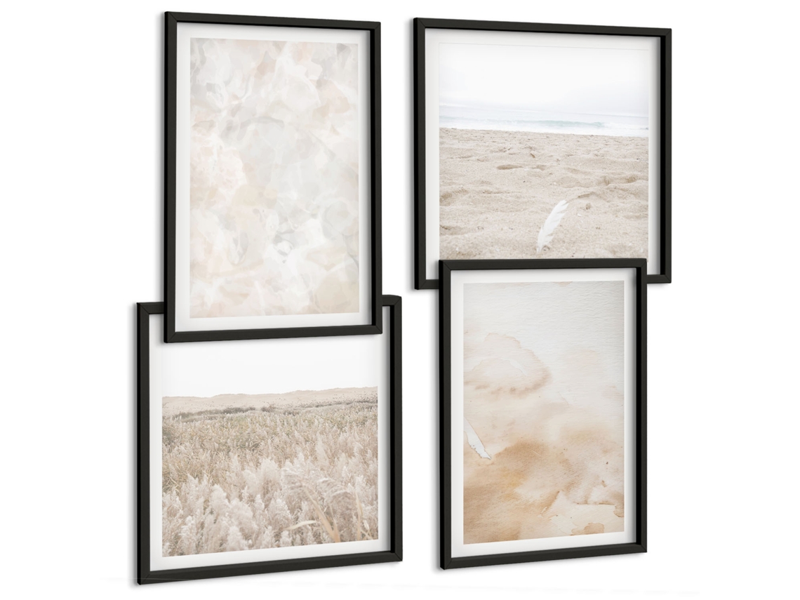 Pinturas Murais Modernas Padrões De Plantas Em Bege Moldura Preta Quadros Para A Sala De Estar Espelharte (conjunto De 4 Imagens)