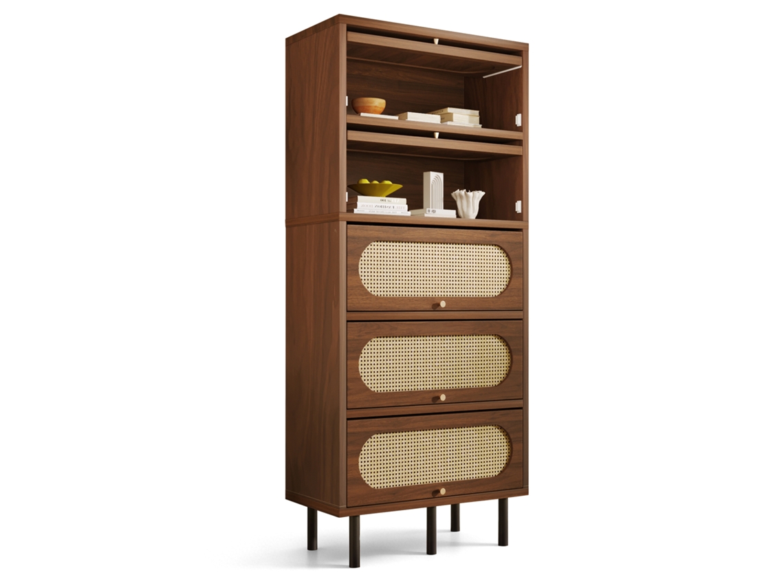 Buffet em Nogueira com Rattan 80x40x163 Cm,armário Alto 5 Portas,móvel de Madeira com Pés de Metal,grande Espaço de Armazenamento ORBITRA COMMERCE