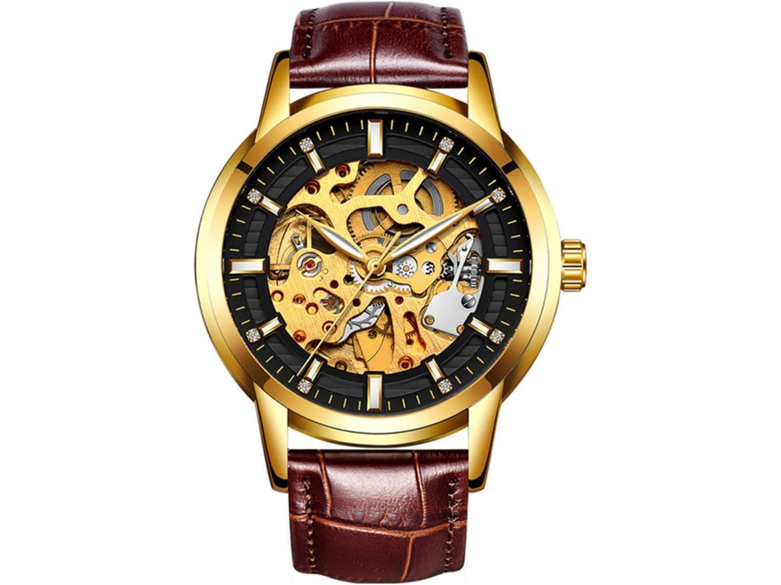 Lurelia Relógio Mecânico Masculino, Automático, Couro, Preto, Dourado