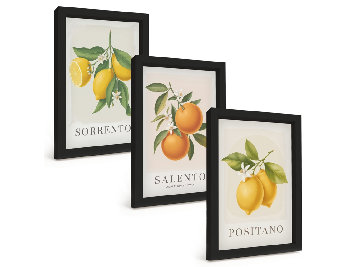 Pinturas Murais Modernaslimões, Laranjas, Amalfi Moldura Preta Fotos Para O Corredor Espelharte (3 Peças 20x30 Cm)