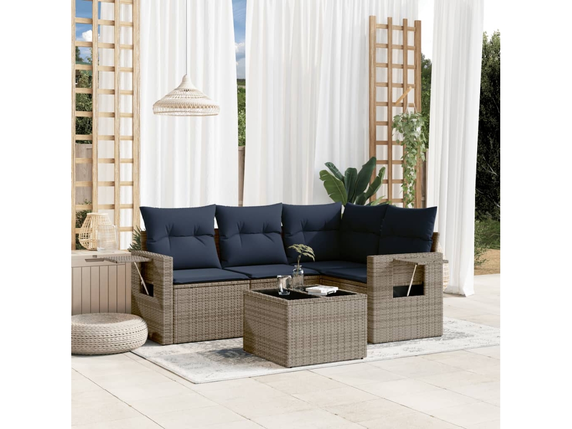 Vidaxl Conjunto De Sofá De Jardim De 5 Peças Com Almofadas Em Rattan Sintético Cinza