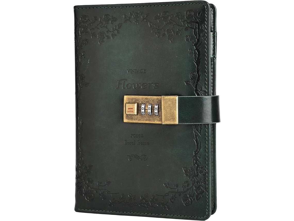 Caderno De Couro Floral Com Cadeado, Para Anotações, Com Combinação De Senha, Pautado E Recarregável, 200 X 140 Mm, Verde