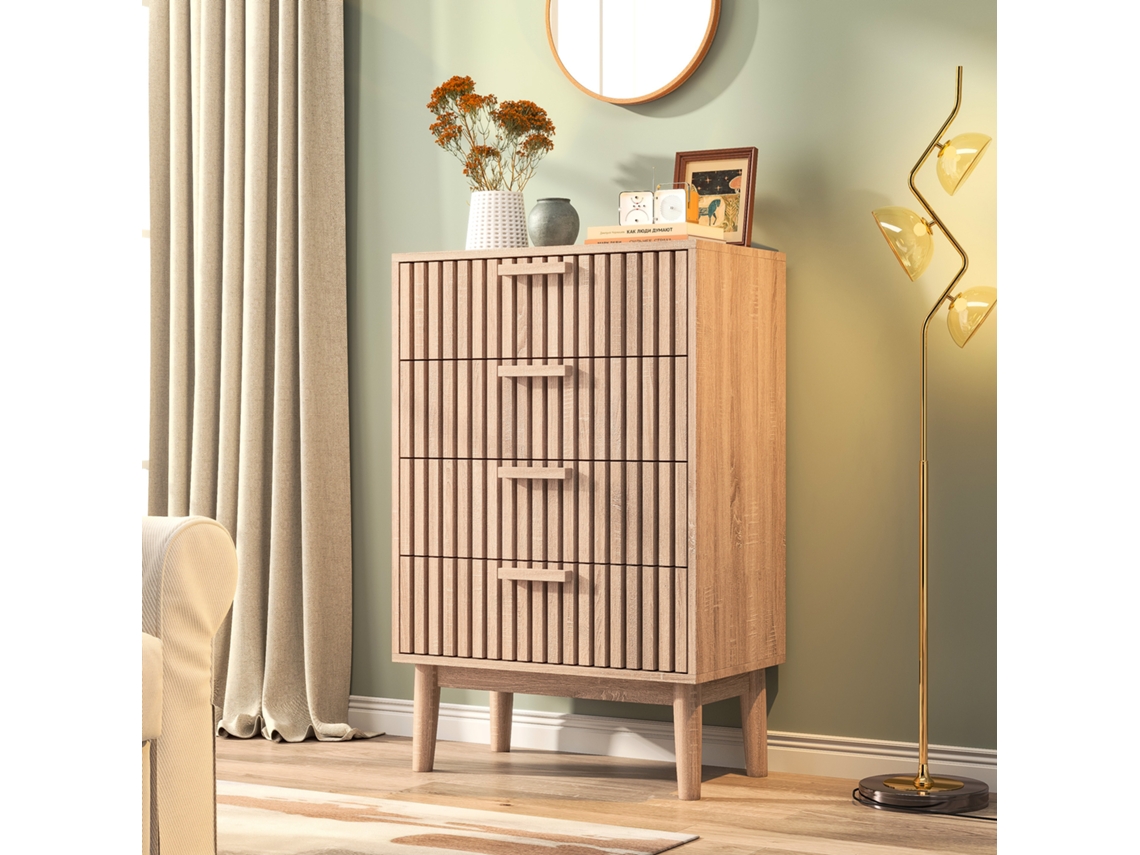 Cómoda Com 4 Gavetas, Móvel De Arrumação Moderno Para Quarto Com Puxadores E Pés Em Madeira, 60x34x91cm, Natural
