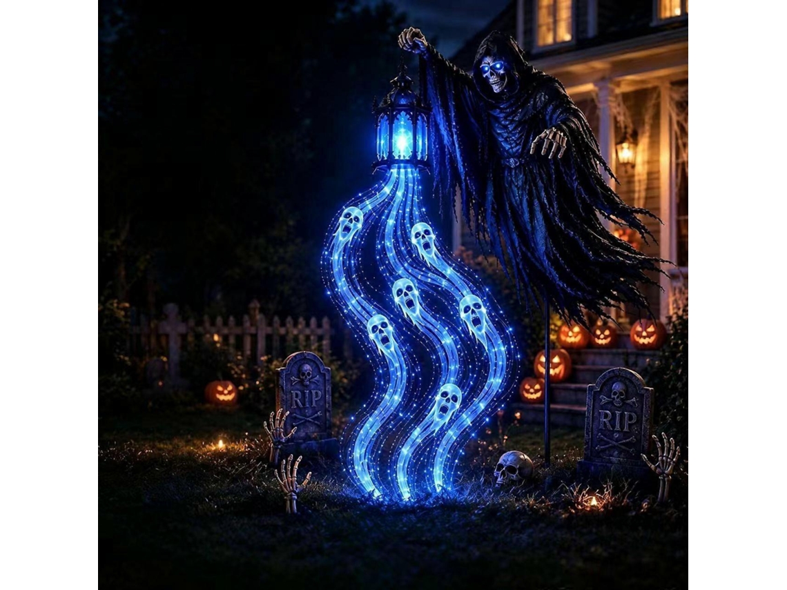 Decoração de Halloween com luzes de fantasmas, fantasma 3D e efeito solar da Morte.