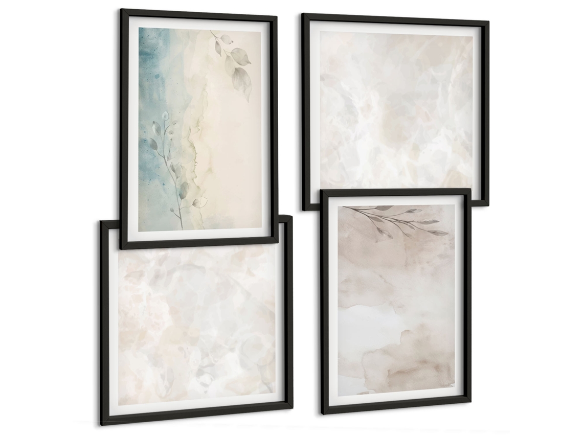 Composição De Quadros Abstratos Botânicos Boho Moldura Preta Quadros Para O Escritório Espelharte (conjunto De 4 Imagens)