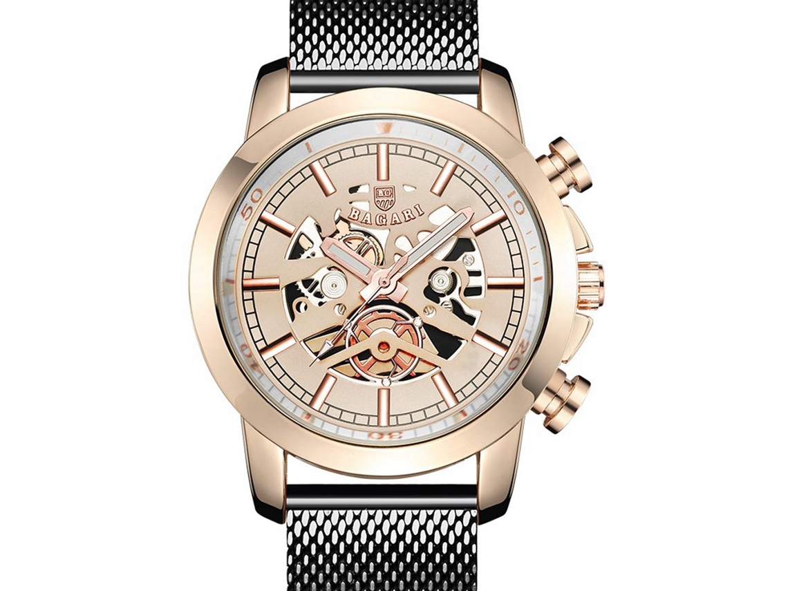 Relógio de pulso masculino Bagari em aço inoxidável, modelo esportivo, nas cores ouro rosa e preto.