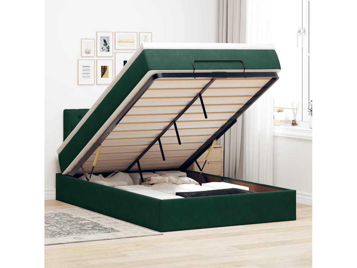 Vidaxl Cama Otomana Com Colchão 120x190 Cm Veludo Verde-escuro