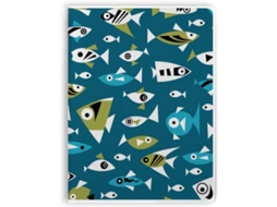Caderno com capa estampada com peixes em cores vibrantes.
