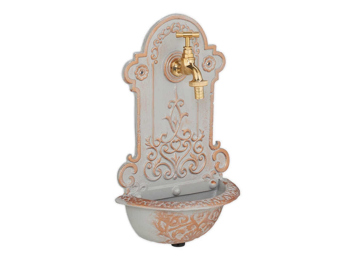 Fonte De Parede Relaxdays, Nostálgica, Lavatório E Torneira, Fonte De Jardim Hbt 36 X 22 X 10,5 Cm, Ferro, Dourado/cinza