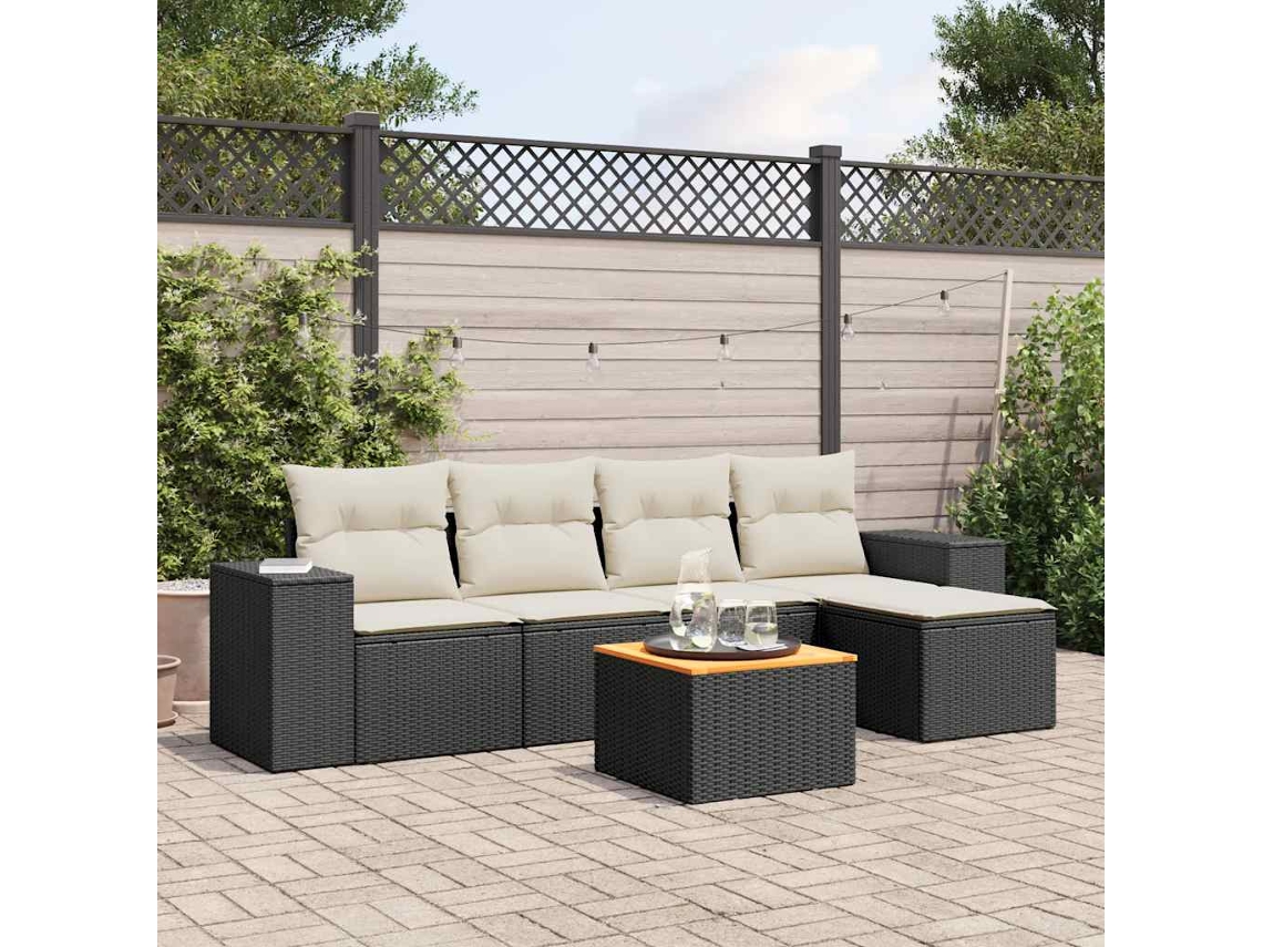 6 Pcs Conjunto Sofás De Jardim C/ Almofadões Vime Pe Preto Dkd Home Decor