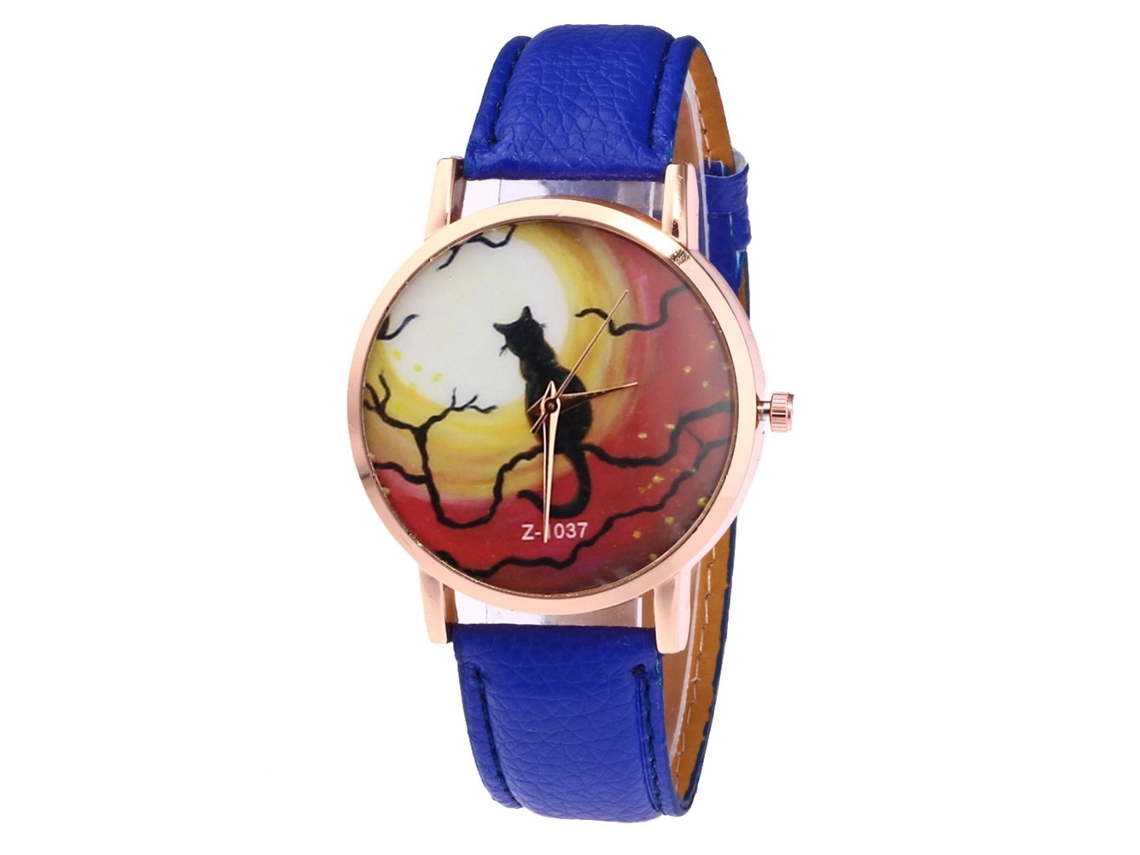 Relógio de quartzo unissex com pulseira de couro PU, mostrador com desenho de gato, estilo casual (azul)