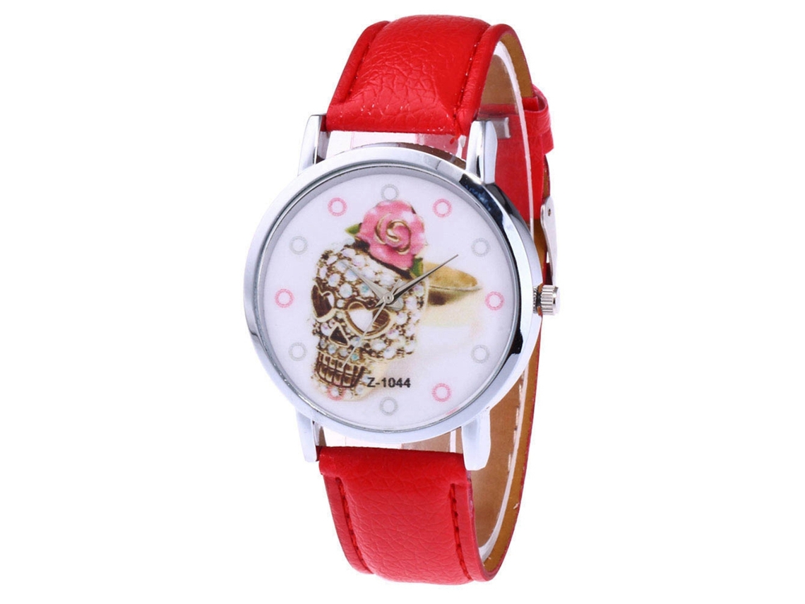 Relógio de Pulso Zhoulianfa Padrão de Crânio Pulseira de Couro Pu Quartzo Vermelho