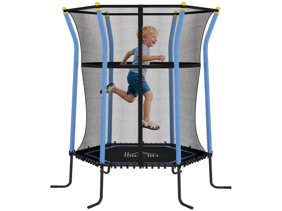 Cama Elástica Infantil Ø163,5 Cm Rede Segurança Acolchoada Aço Preta Azul 50 Kg