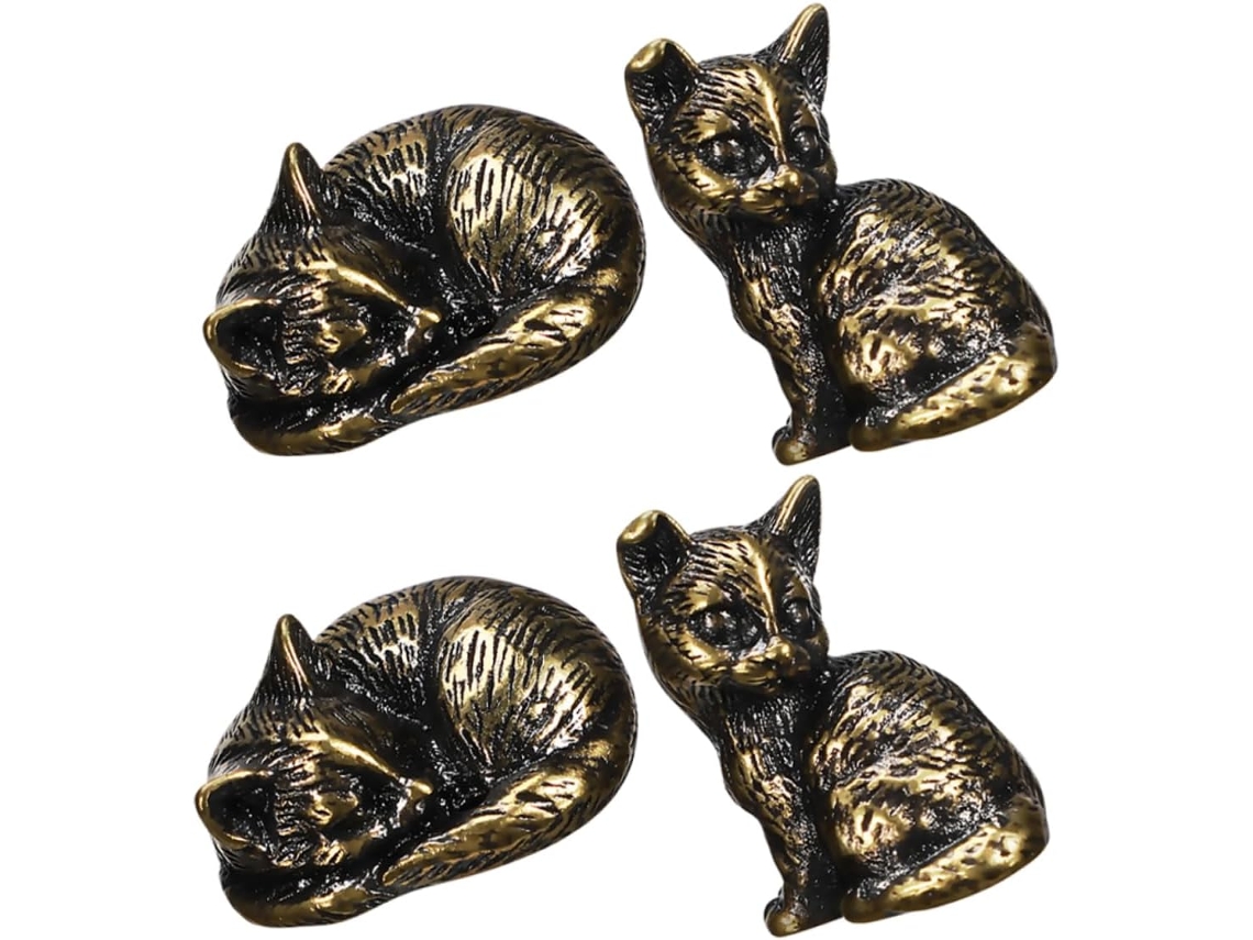 Conjunto de 4 Miniaturas Gatos em Latão, Enfeites Mesa, Pequenas Estatuetas, Estátuas para Casa e CHABERLU