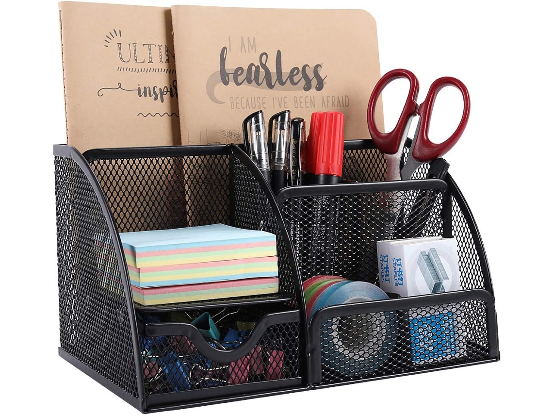 Organizador de Mesa em Tela Mesh para Escritório, Versátil, com Porta, Canetas e Gaveta, Preto BRILVIBERA