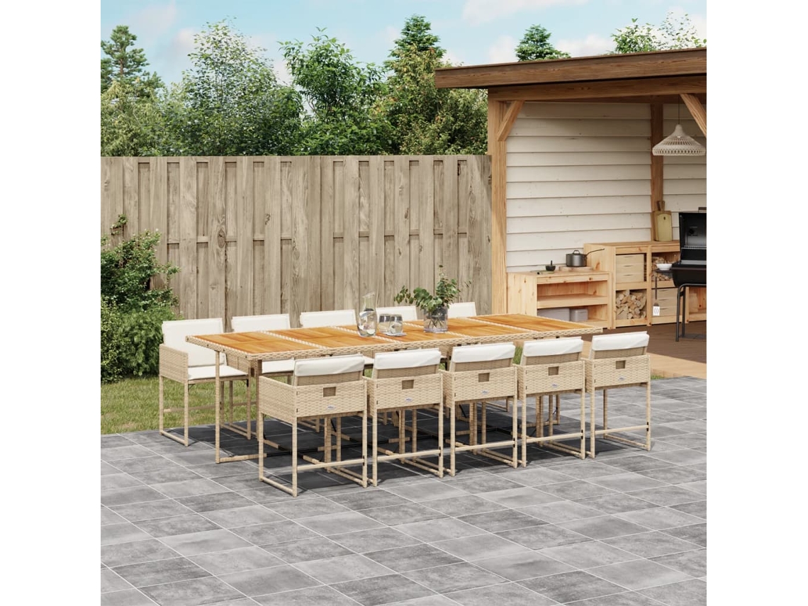 Vidaxl 11 Pcs Conjunto De Jantar P/ Jardim Com Almofadões Vime Pe Bege