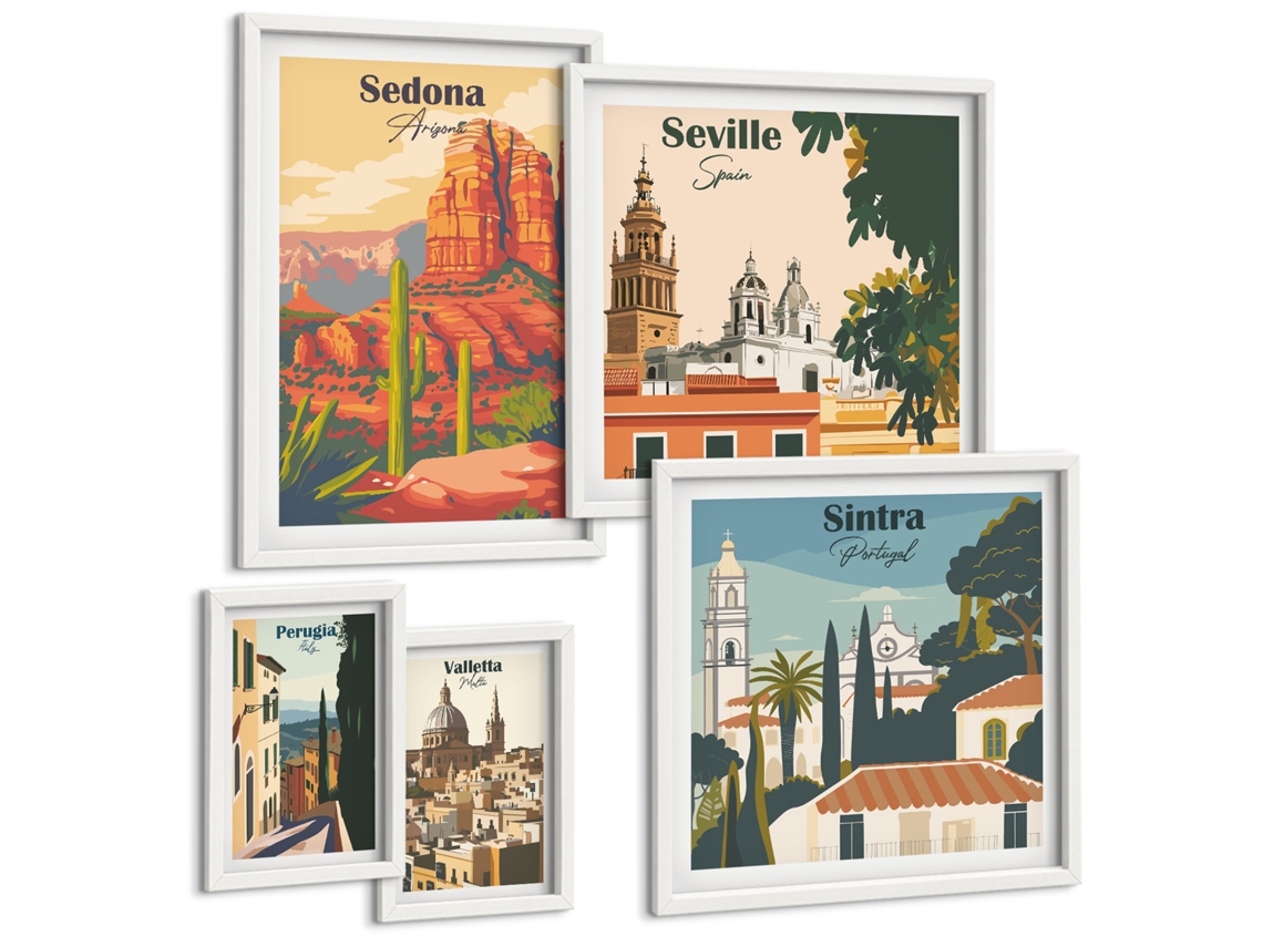 Pinturas Murais Modernas Ilustrações Em Estilo De Cozinha Mediterrânea Moldura Branca Pinturas De Quarto Espelharte (conjunto De 5 Imagens)