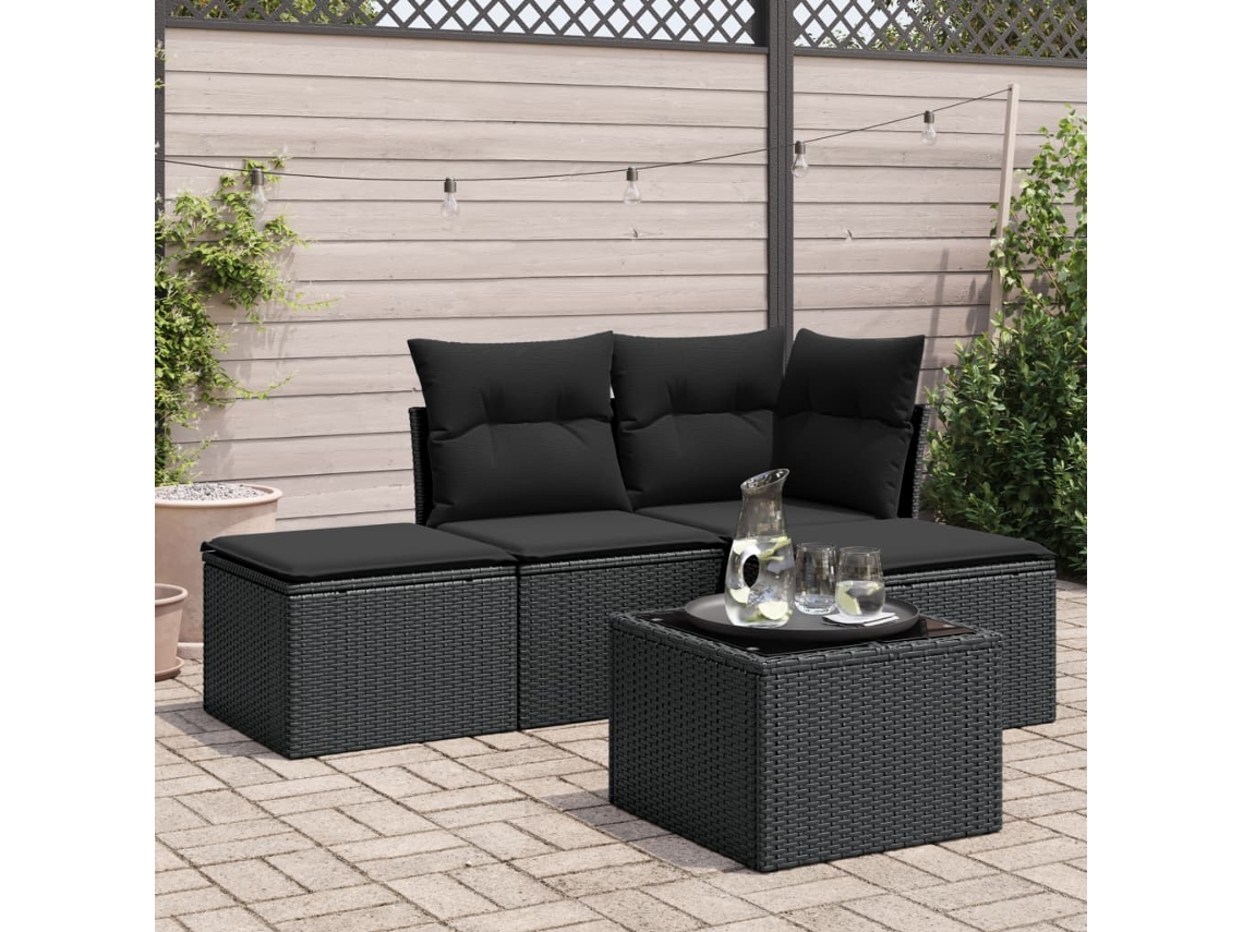 Vidaxl 5 Pcs Conjunto Sofás De Jardim Com Almofadões Vime Pe Preto