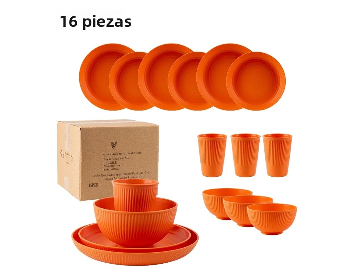 Conjunto de Talheres Portáteis Estilo Campestre com 16 Peças, Incluindo Faca, Garfo e Colher, Feitos de Plástico Ecológico. MDUG (laranja)
