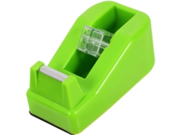 Dispensador de fita adesiva verde, design compacto e portátil, feito de ABS e metal, adequado para uso em mesas e bancadas.