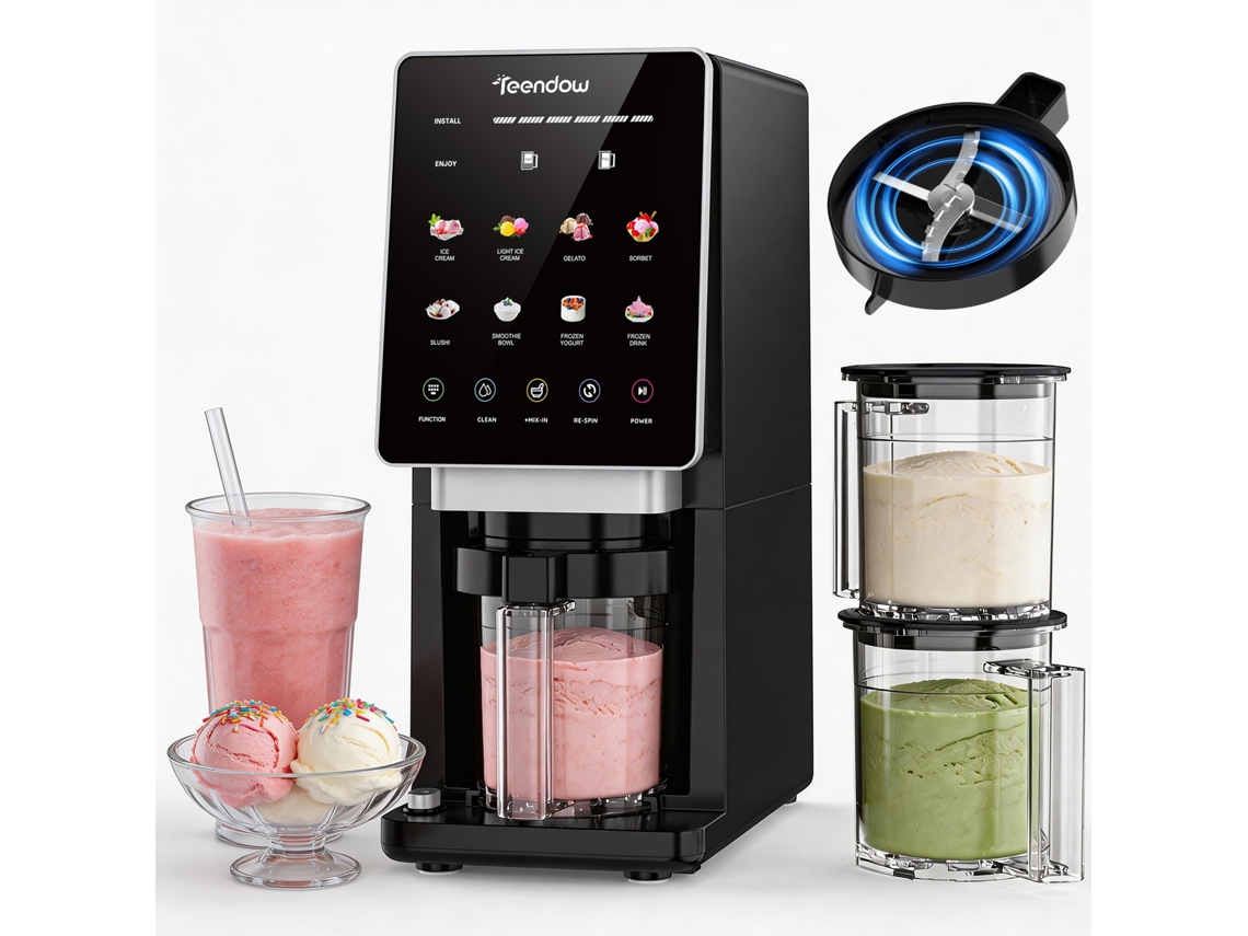 Máquina De Gelados Teendown Kf002 8 Em 1, 650ml,3 Taças Incluídas,função Auto-limpeza, Mix-in E Re-spin, Frozen Yogurt E Batidos