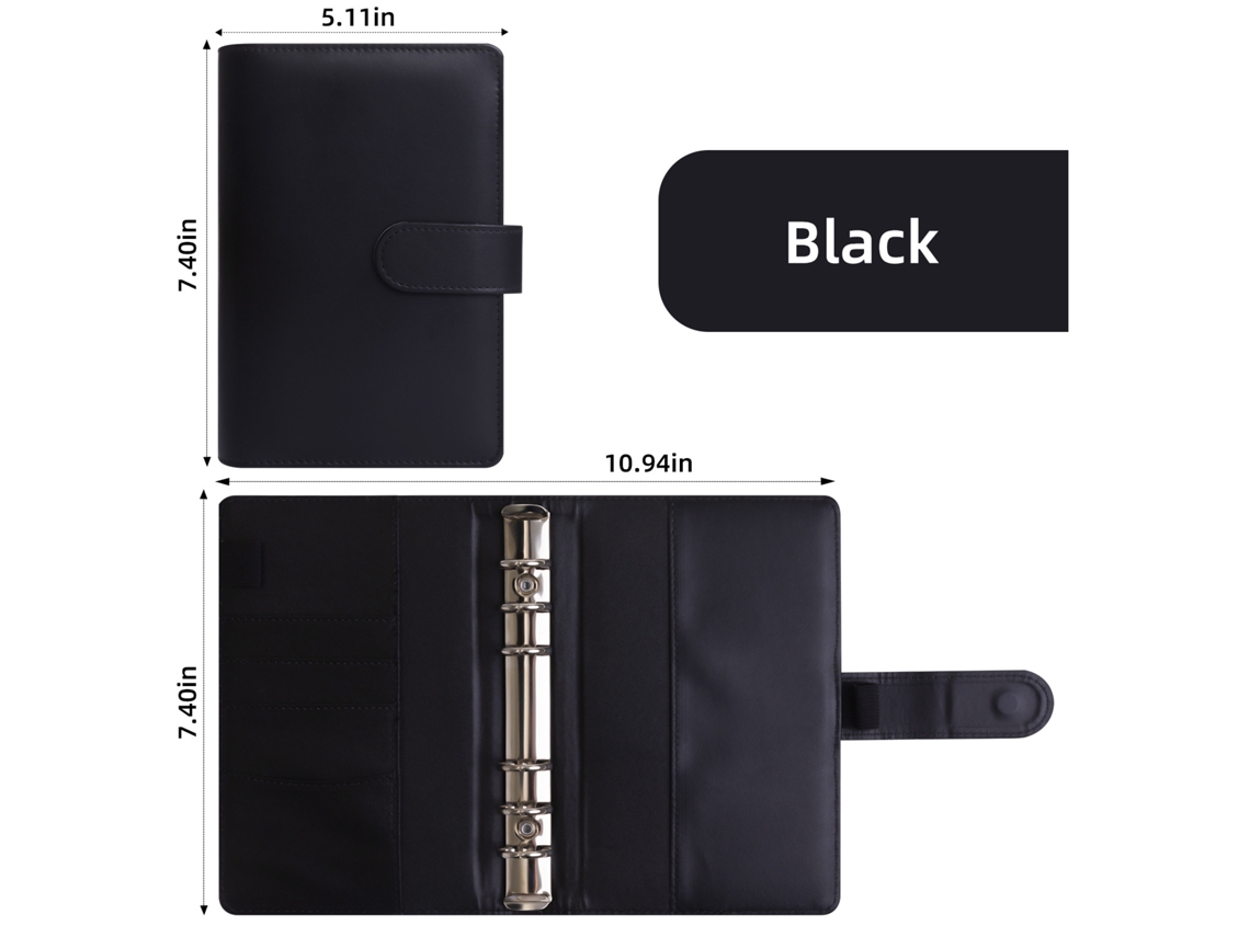 Macaroon A6 Pu Leather Refillable Notebook With Zipper Pocket Cash Budget Financial Planner, Deep Black Cover