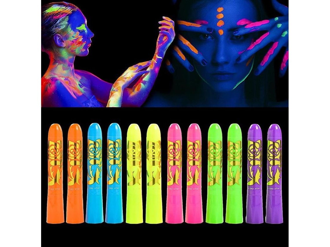 2026rebe kit de 12 Crayones de Pintura Corporal Y Facial Fluorescente, Glow En Luz Negra, Lavable, Seguro para Niños Y Adultos
