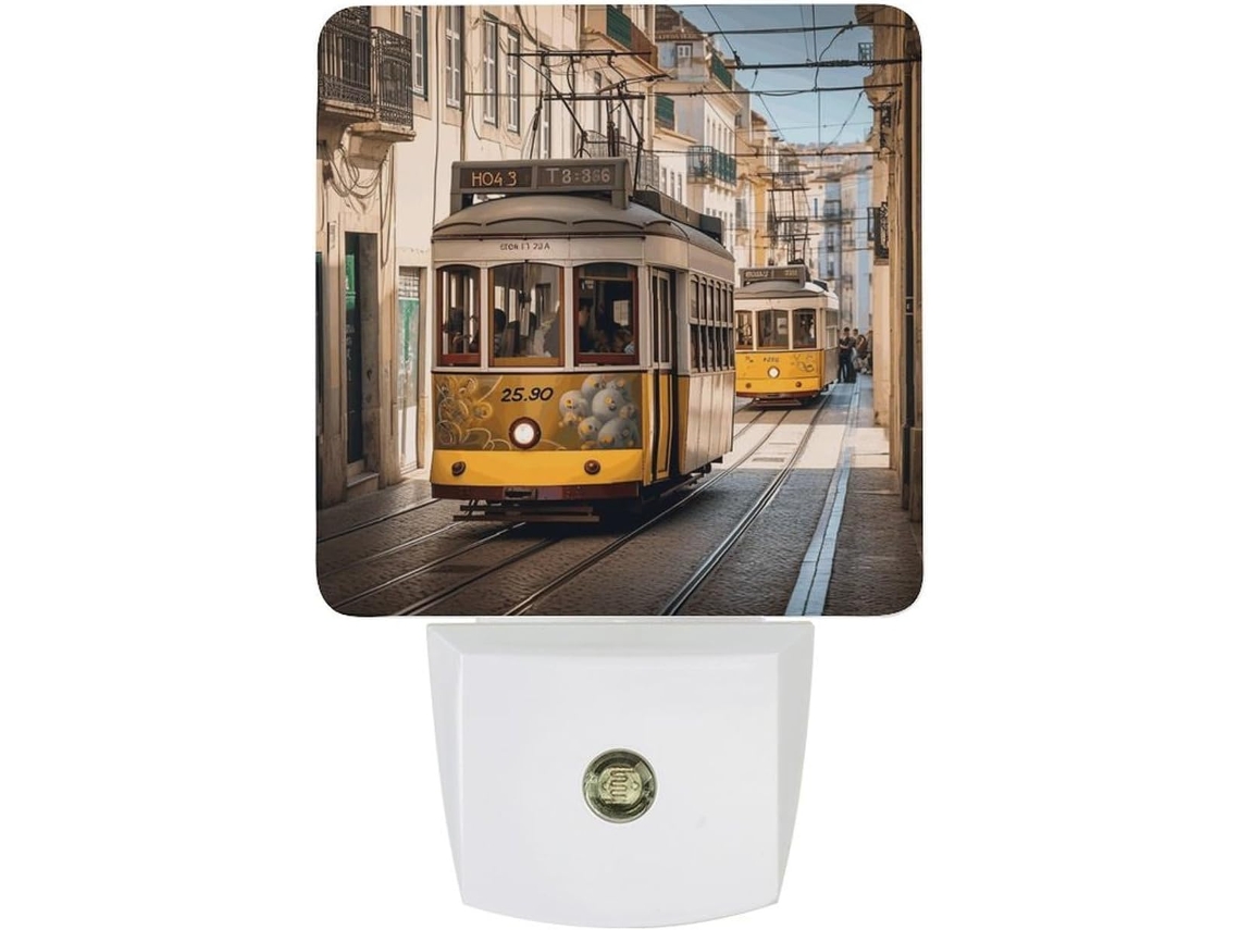 Luminária noturna de LED com estampa de Lisboa James, sensor crepuscular, para uso na parede.