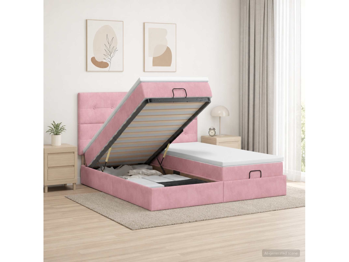 Vidaxl Cama Ottoman Com Colchão E Led Rosa 160 X 200 Cm Veludo