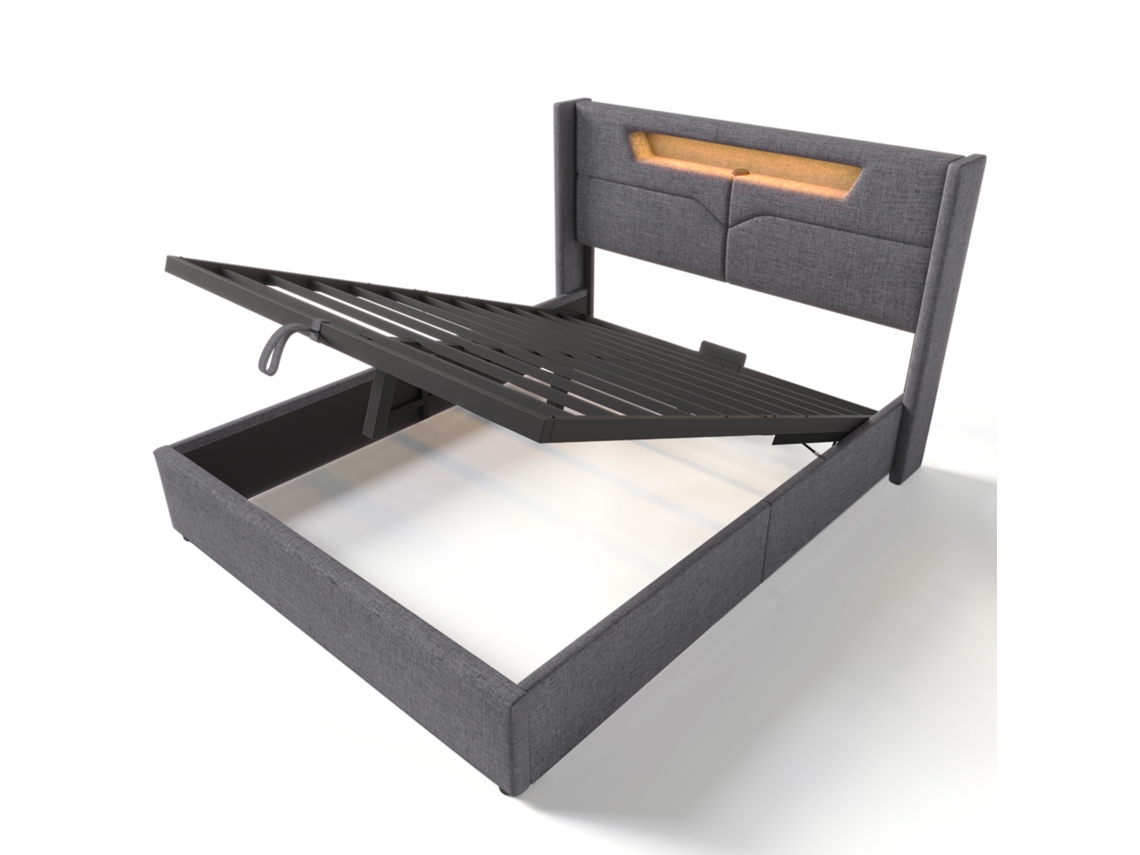 Cama Linho Cinza 160x200 Com Led Usb-c E Hidráulica Moderna