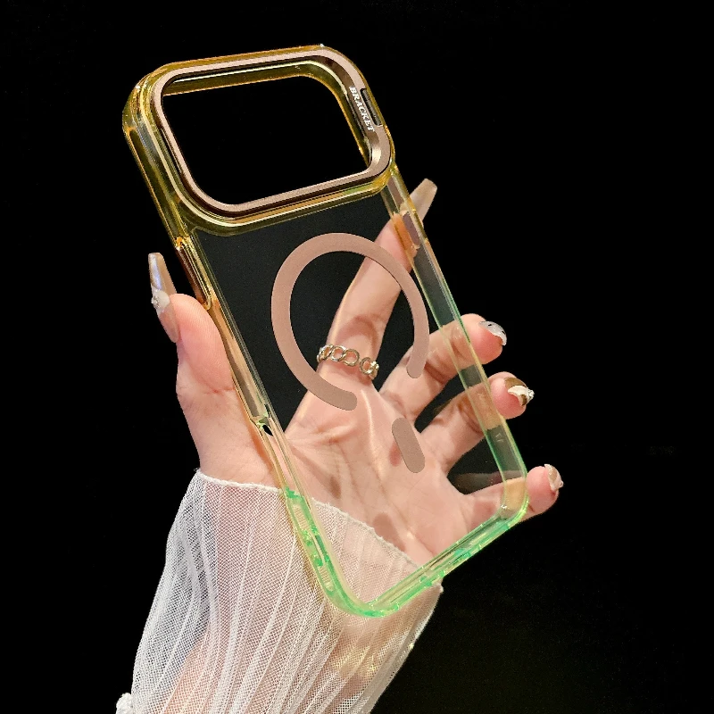 Capa Para Celular (dourada) Com Suporte Para Lente Degradê E Anel Magnético Integrado Para Iphone 14 Pro.