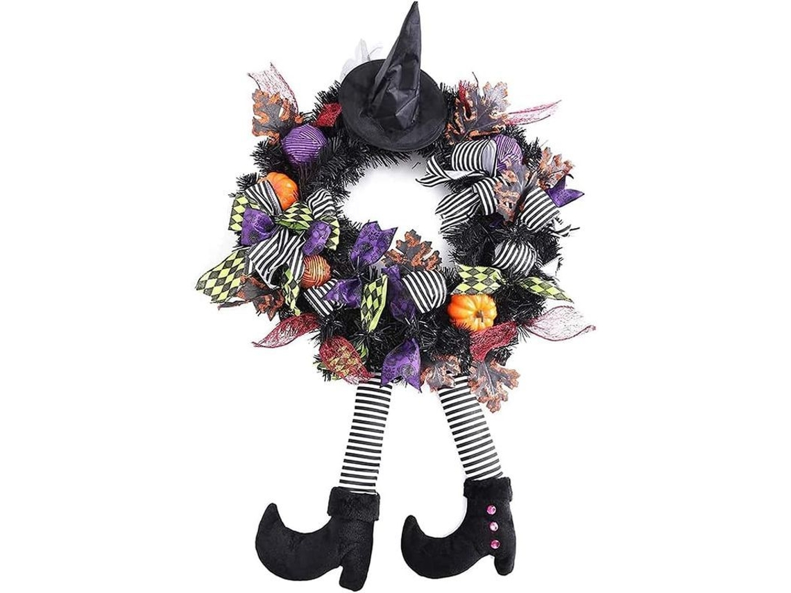 coroa de halloween para porta com esqueleto, ossos falsos e folhas de maple laranja
