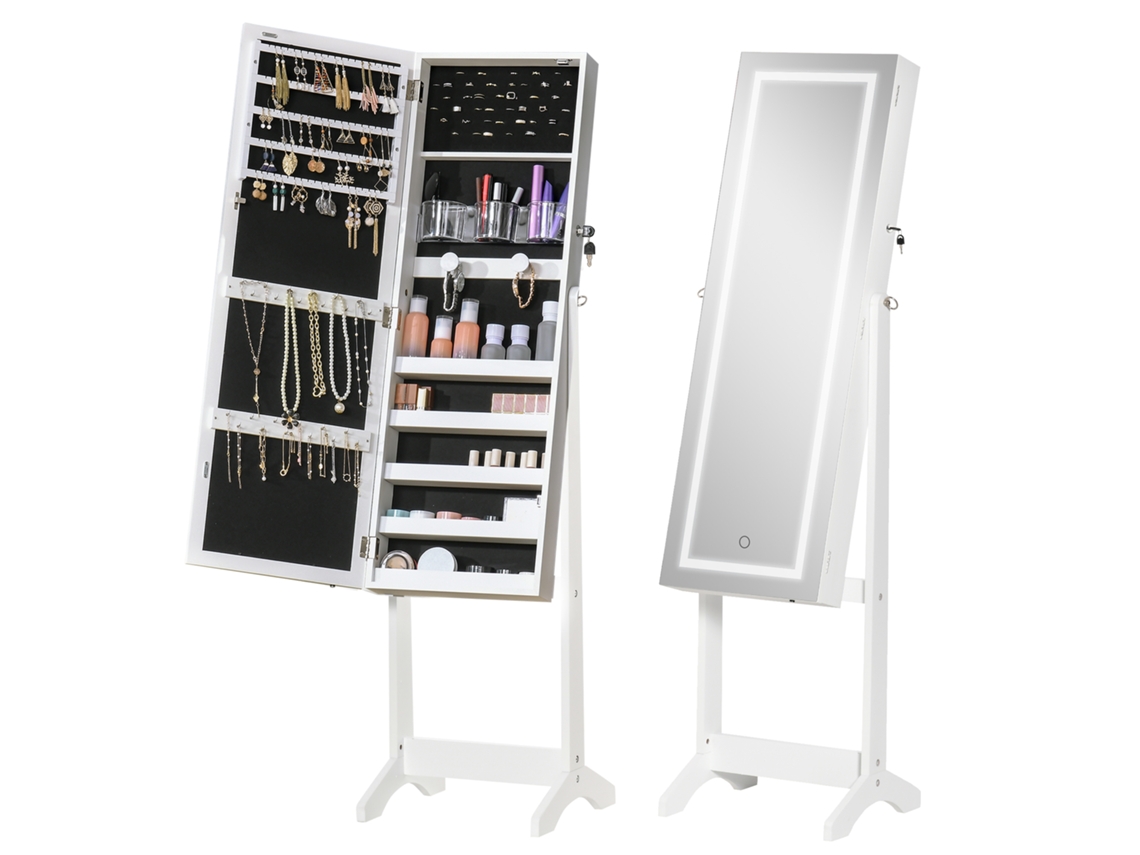 Armário de Joias com Fita de Luz Led, Prateleiras Magnéticas com Fechadura e Anel, 46x36,5x151,5 Cm Branco Ge
