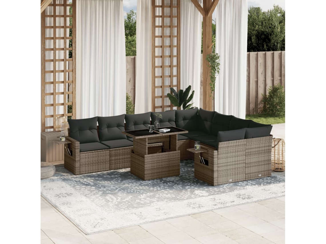 Vidaxl 10 Pcs Conjunto Sofás De Jardim C/ Almofadões Vime Pe Cinzento