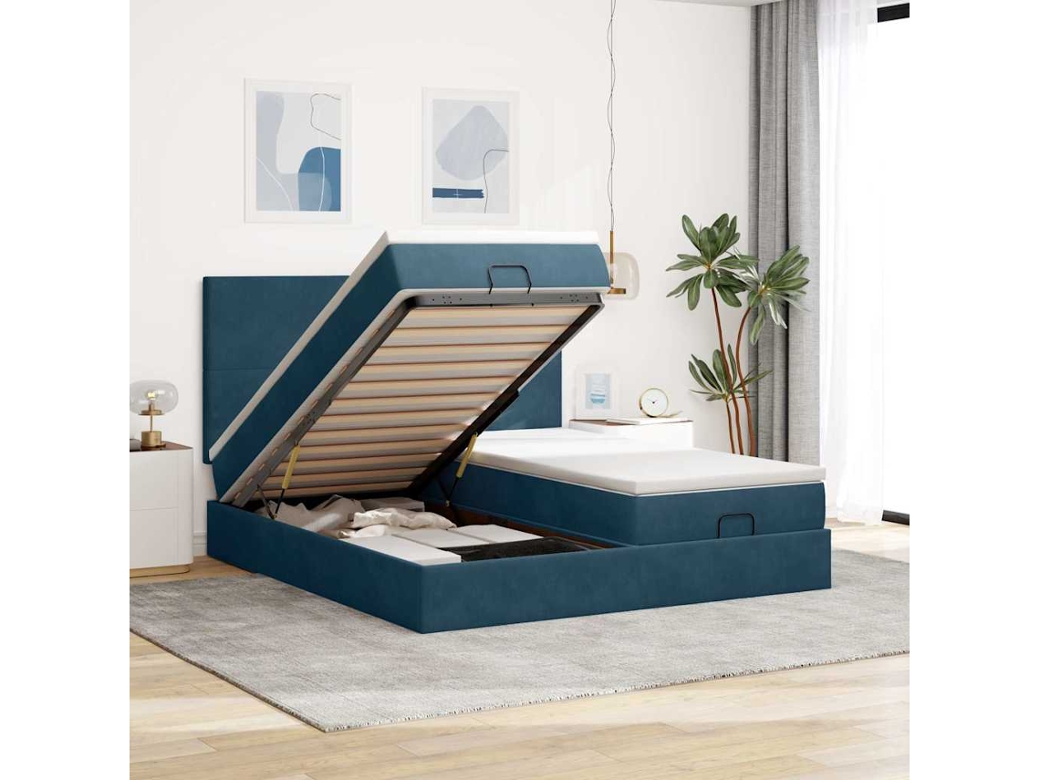 Vidaxl Estrutura De Cama Otomana Com Colchão Azul Escuro Veludo