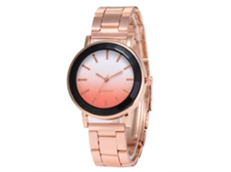 Relógio de quartzo unissex com pulseira de aço, mostrador redondo e degradê rosa-água.