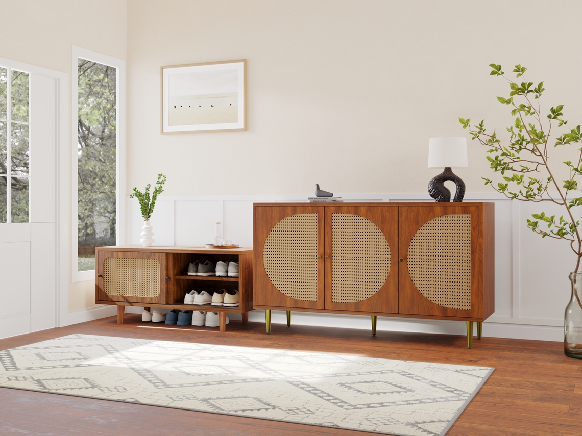 Sapateira Branca Moderna 146x34x109cm Com 2 Portas, Prateleiras Reguláveis E Punhos Dourados, Modelo Sofisticado Para Entrada