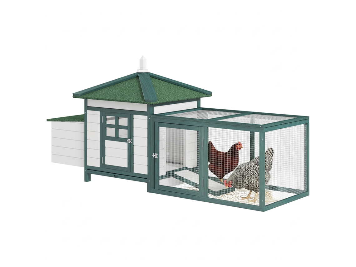 Galinheiro de Madeira de Pinho para Galinhas de Exterior com Caixa Ninho Bandeja e Espaço para Correr 196x76x97 Cm Verde Ge